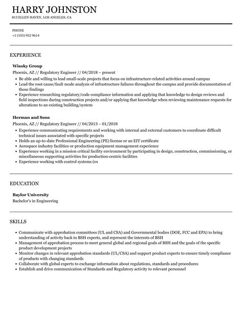 Regulatory Engineer Resume Samples Velvet Jobs