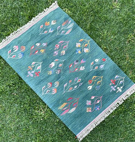 Green Background With Floral Pattern Kilim Rug Handmade Wool Etsy