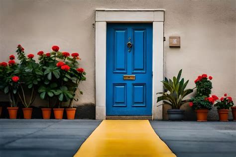 Premium AI Image A Blue Door With A Yellow Door And Potted Plants In