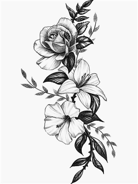 Lily Rose And Hibiscus Floral Tattoo Design Sticker By