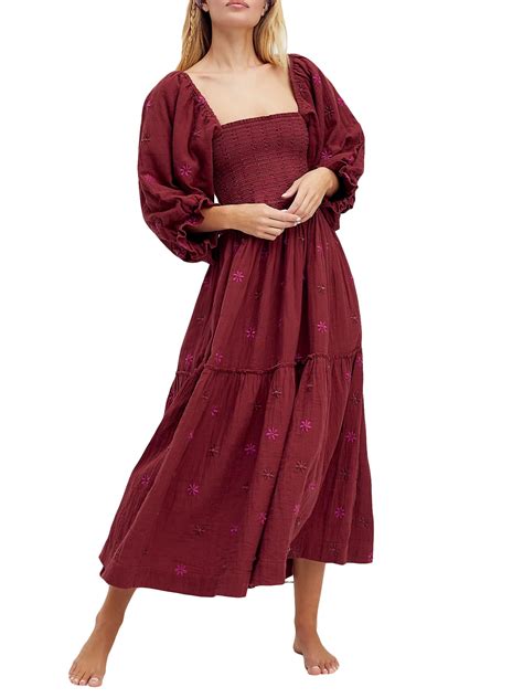 Hirigin Women Floral Embroidered Maxi Dress Long Puff Sleeve Square