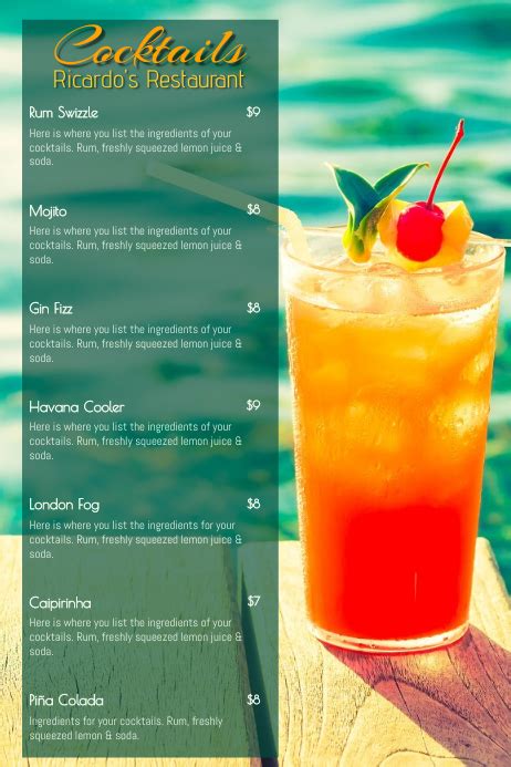 Summer Cocktail Menu Template Postermywall