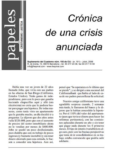 Crónica de una crisis anunciada Cristianisme i Justícia