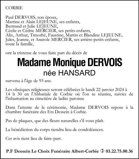 Madame Monique Dervois Née Hansard Pompes Funèbres Dessein