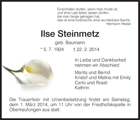 Traueranzeigen Von Ilse Steinmetz Trauer Hna De