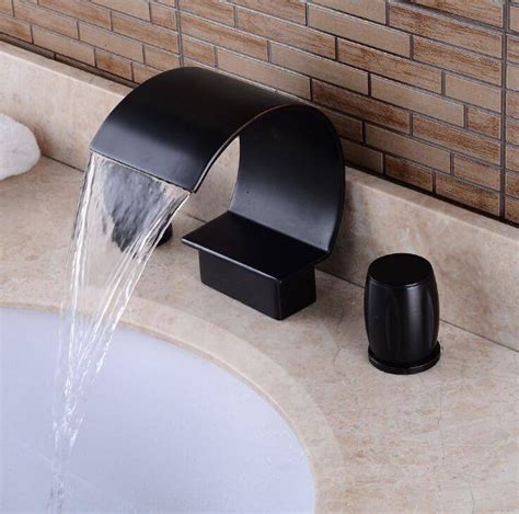 Luxury Deck three hole Double Handles Bathroom waterfall faucet Black ...