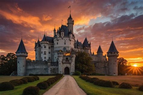 El Castillo De Cuentos De Hadas Contra El Colorido Cielo Al Atardecer