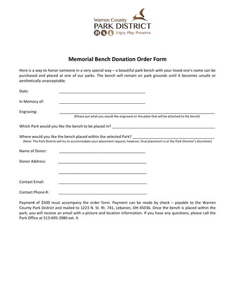 Warren County Ohio Memorial Bench Donation Order Form Fill Out Sign