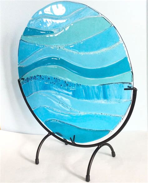 Turquoise Blue Ocean Waves Stained Glass Fused Panel In Metal Etsy