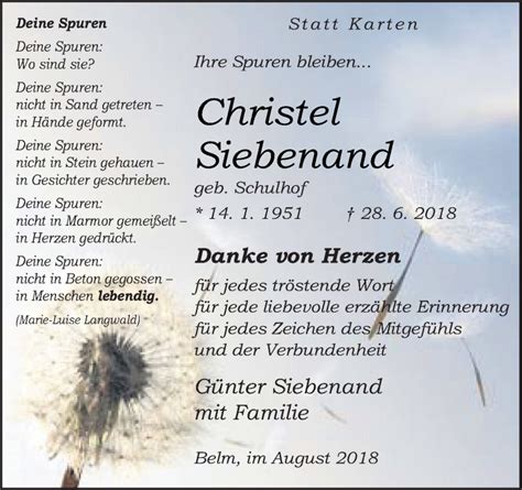 Traueranzeigen Von Christel Siebenand Noz Trauerportal