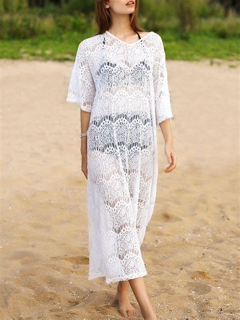 [17 Off] V Neck Sheer Lace Maxi Beach Cover Up Dress Rosegal