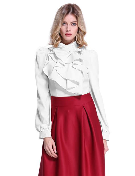 Stand Up Collar Office Irregular Ruffle Multi Layers Blouse White