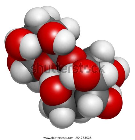 Sugar (sucrose, saccharose) molecule, chemical structure. Atoms are represented as spheres with ...