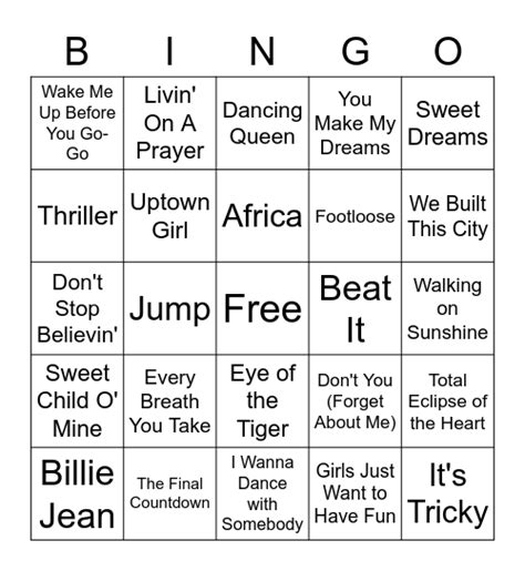 80s Music Bingo Card