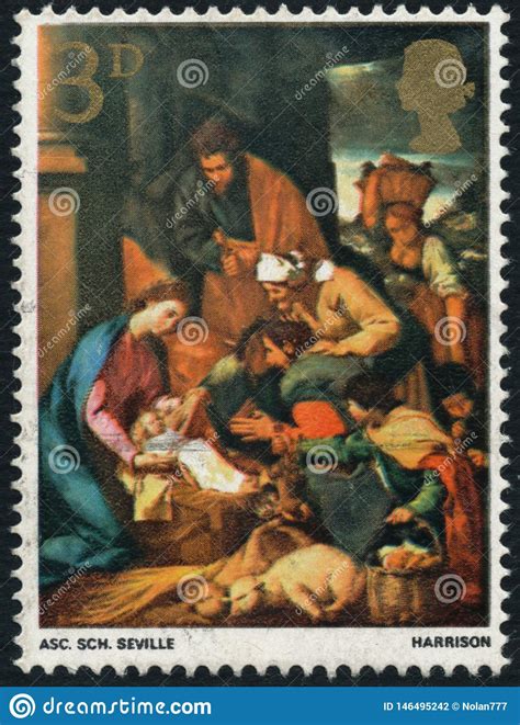 Vintage Stamp Printed In Great Britain Shows The Adoration Of The