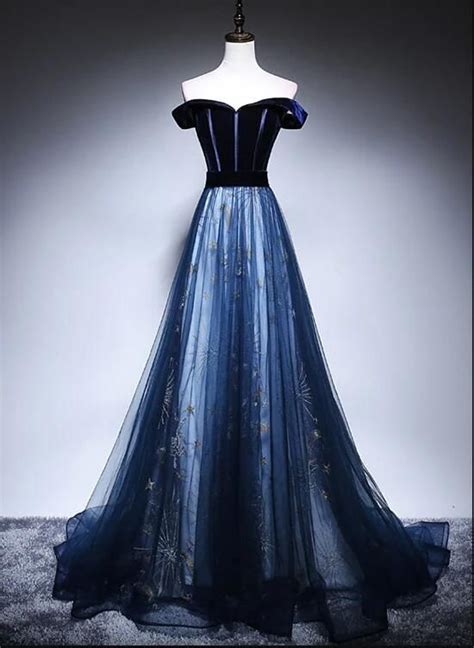 Beautiful Navy Blue Tulle And Velvet Long Party Dress Off Shoulder Prom Dress 2020 Dresses