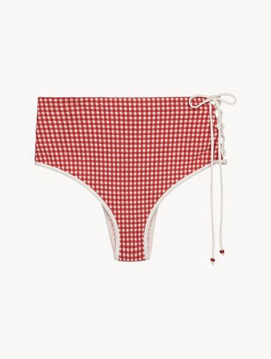 La Perla High Waisted Bikini Briefs In Blue Gingham Seersucker Red