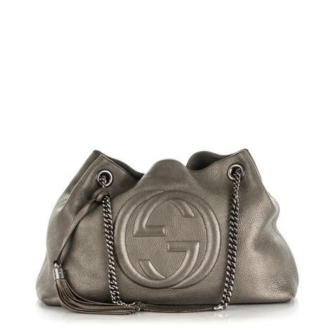 Gucci Metallic Pebbled Calfskin Medium Soho Chain Shoulder Bag Pewter