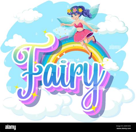 Fairy Logo With Little Fairies On Rainbow Sky Background Stock Vector