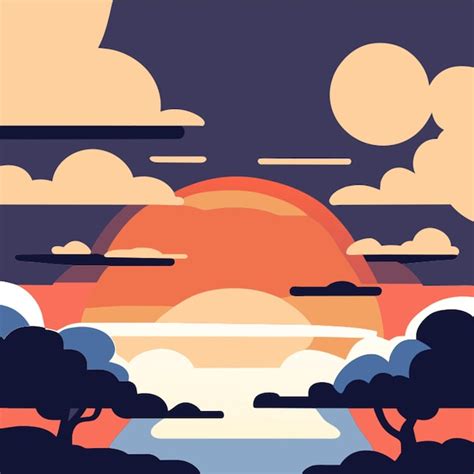 Cartoon Sunset Or Sunrise Gradient Sky With Clouds And Sun Vector