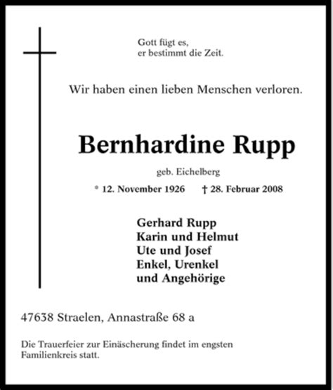 Traueranzeigen Von Bernhardine Rupp Trauer In Nrw De