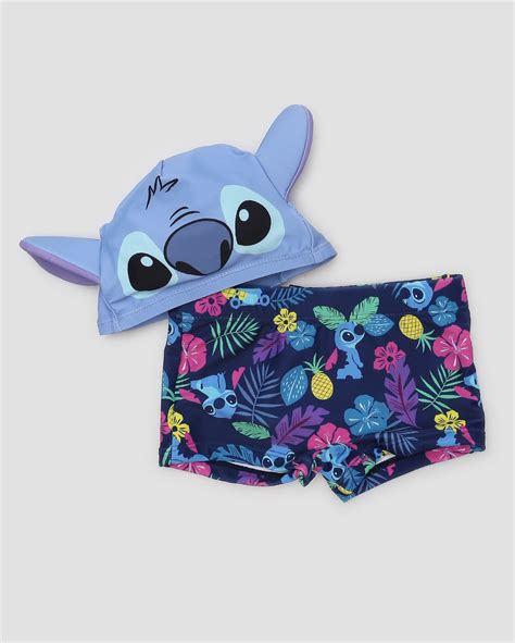 Conjunto De Praia Infantil Stitch Sunga E Touca Azul Disney