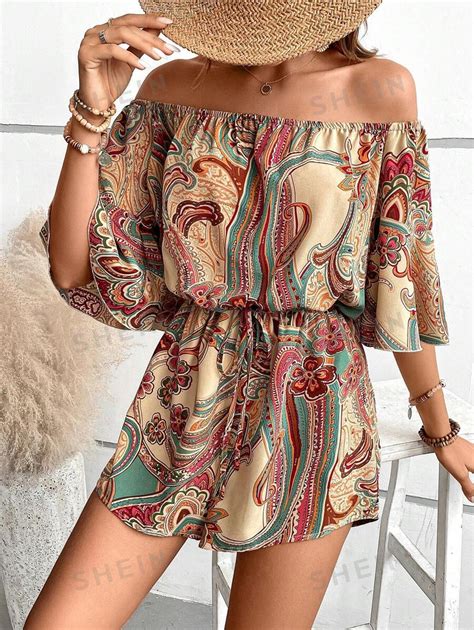 Shein Lune Paisley Print Off Shoulder Knot Front Romper Shein Usa