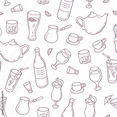 Seamless Pattern With Outline Style Drinks In Vector Beverages