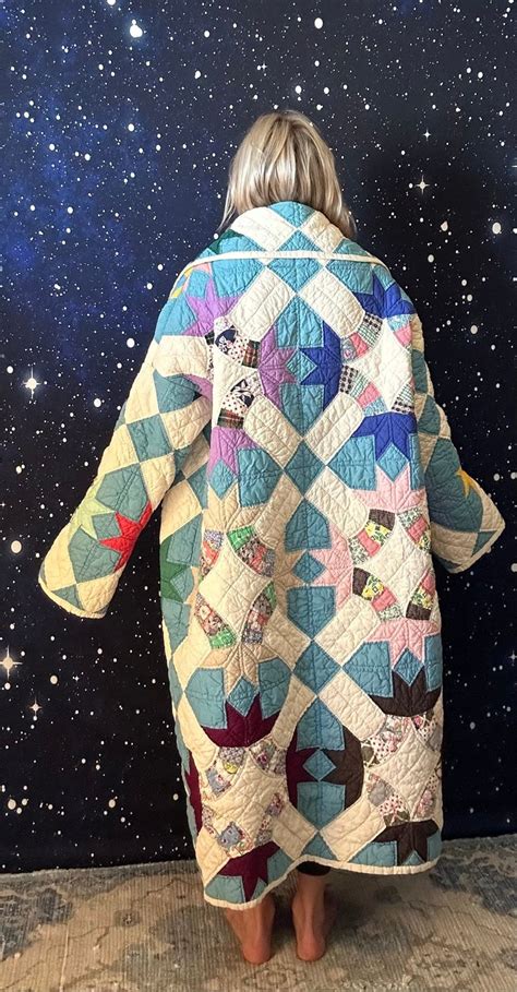 Stunning Blue Antique Cathedral Star Long Quilt Coat Etsy Quilt