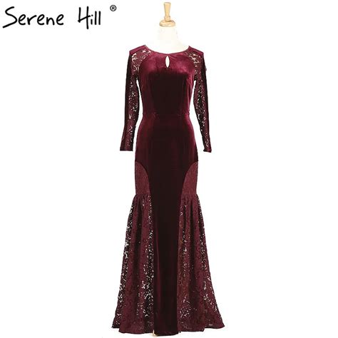 Buy Wine Red Velour Mermaid Evening Dress Long Sleeves