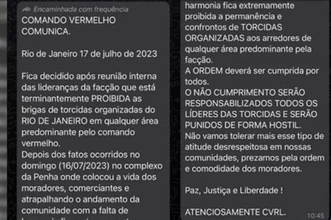 Mensagem atribuída ao Comando Vermelho proíbe briga de torcidas