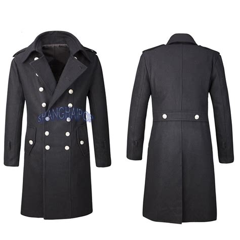 Double Breasted Trench Coat Overcoat Jacket Men Wool Outerwear Military