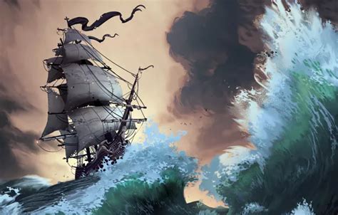 Wallpaper waves, fantasy, storm, pirate ship, artist, ship, digital art ...