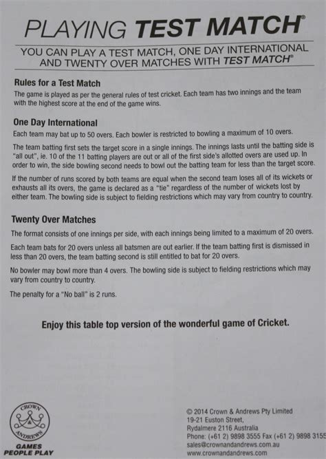 Parts Only Test Match Board Game 1 Set Of Rules Only Team Toyboxes