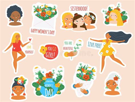 Female Stickers Collection Big Set Of Women Badges For 8 March Celebration Body Positive And