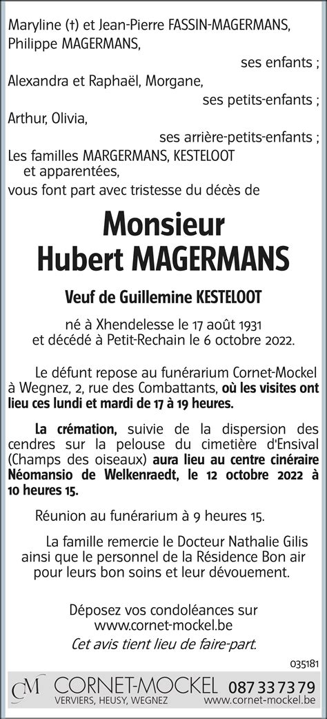 Hubert MAGERMANS 06 10 2022 Avis nécrologique lavenir net