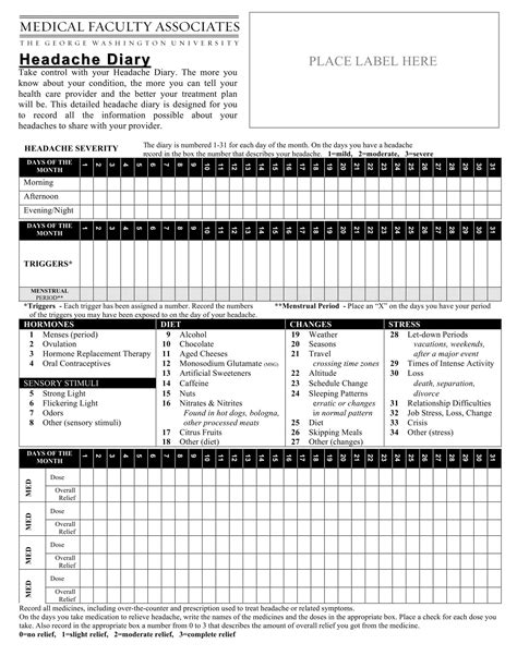 Free Printable Headache Diary Templates PDF Excel