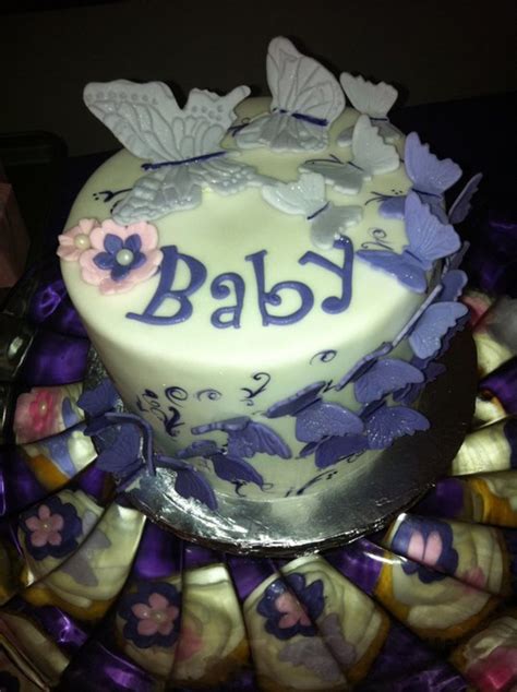 Purple Butterfly Themed Baby Shower Cake With Cupcakes - CakeCentral.com