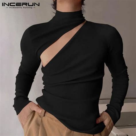 Fashion Men T Shirt Solid Turtleneck Long Sleeve Streetwear 2023 Hollo