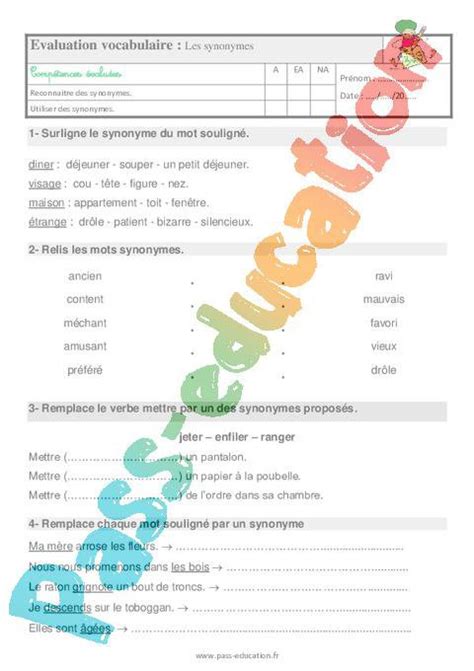 Les Synonymes Ce Tude De La Langue Evaluation Avec La