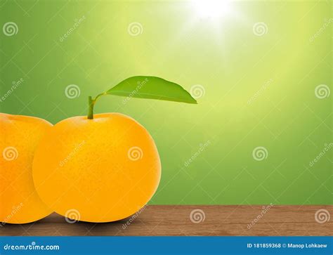 Orange Fruits With Leaf On Wooden Tabletop On Blurred Green Nature