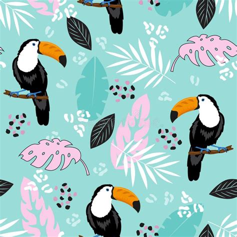 Tropical Leaves And Toucan On Blue Background Seamless Pattern Stock