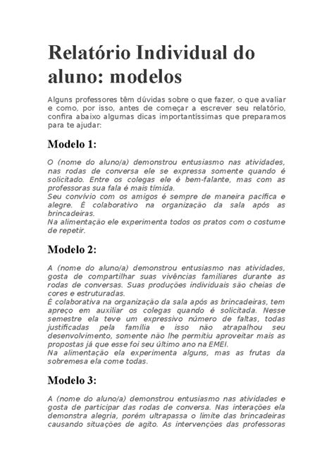 Modelo De Relatorio Educação Infantil Segundo Semestre - Relatório Individual Educação Infantil 2º Semestre: Modelos de ...