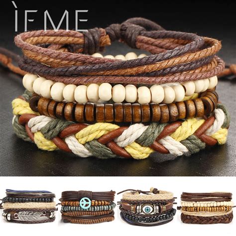 If Me Multilayer Leather Bracelet Men Jewelry Punk Rock Wood Bead