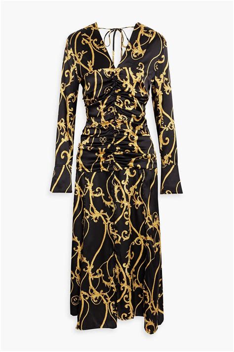 Ganni Ruched Printed Silk Blend Satin Midi Dress The Outnet