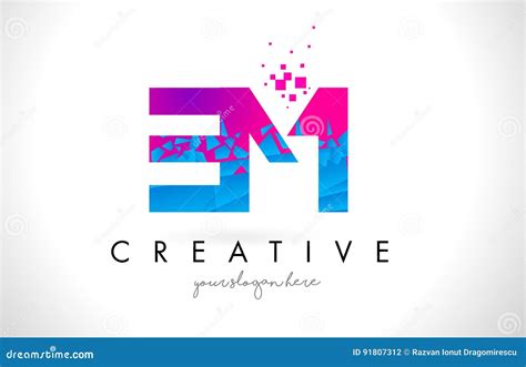 Em E M Letter Logo With Shattered Broken Blue Pink Texture Design