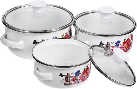 Ciieeo 3pcs Enamelware Pot Set Enamel Stockpot With Lid Retro Floral