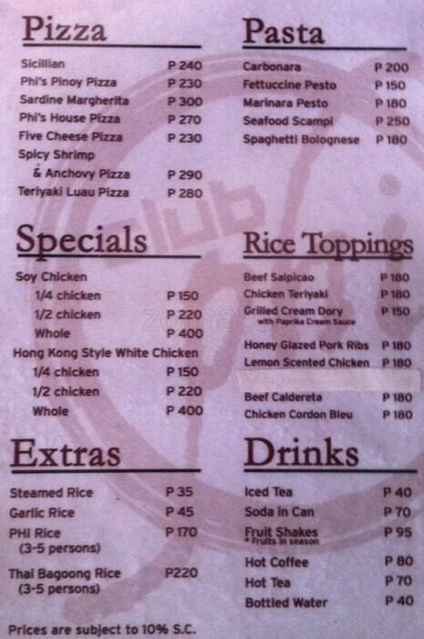 Menu At Club Phi Pasig