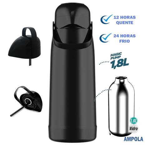 Garrafa Térmica Preta Magic Pump 1 8L Quente Frio Café Chá Termolar