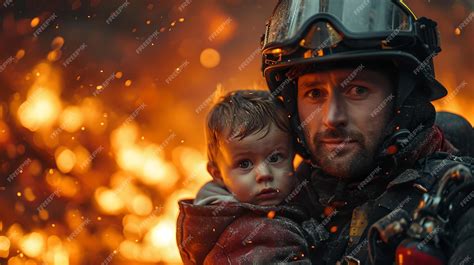 Premium Ai Image Brave Firefighter Rescuing A Child Amidst Flames